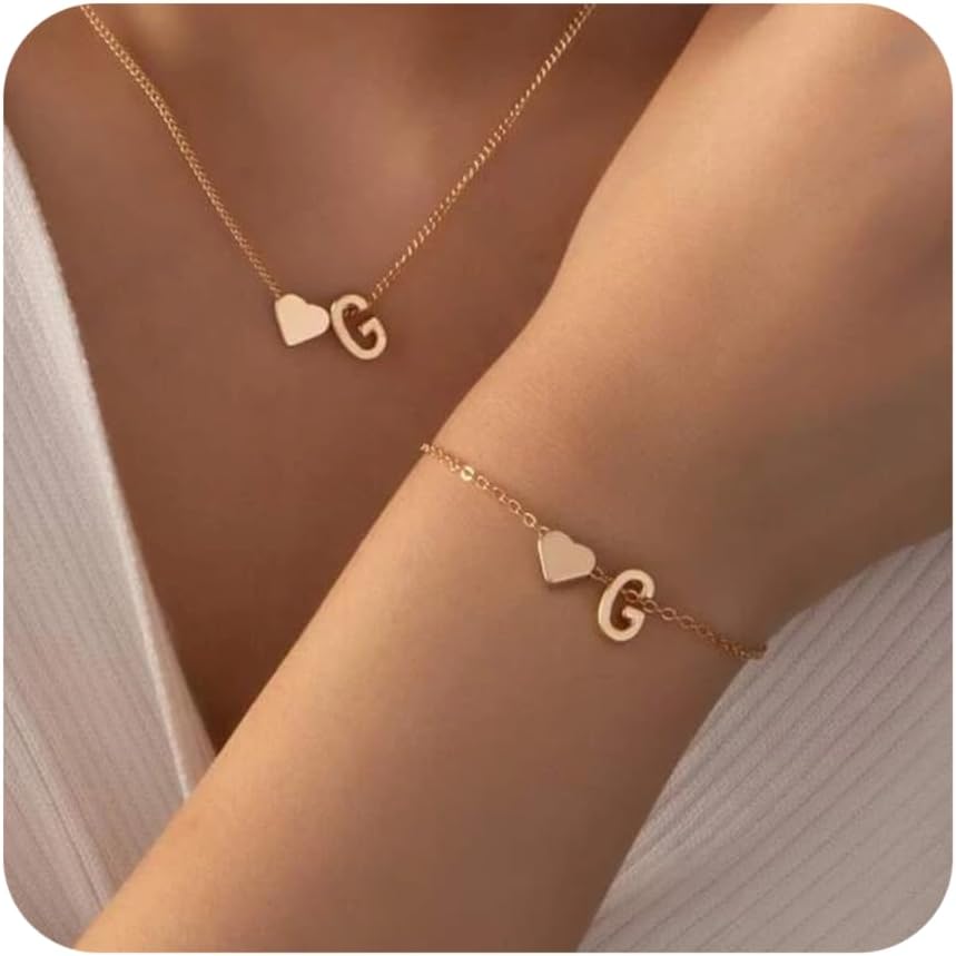مجموعة قلادة وسوار بحروف الحرف الاول من حرف G وسوار ذهبي وقلادة على شكل قلب وحروف الاحرف الاولى من الاحرف الاولية للنساء، اكسسوارات ذهبية انيقة لا تسبب الحساسية