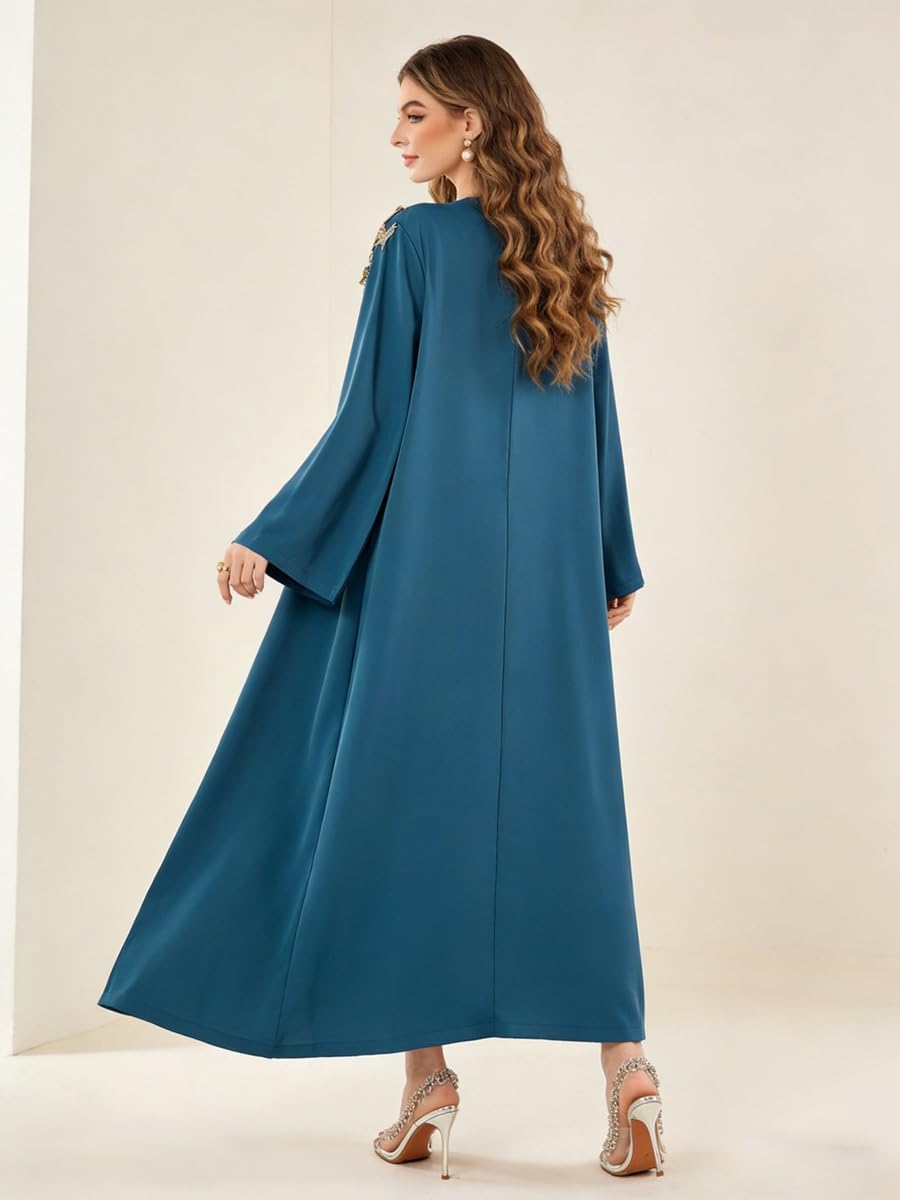 51tWbqK-b4L._AC_SL1500_ تيك تو طقم عباية مزينة بلون ازرق وجلابية بحزام - مقاس XL - ازرق - الصورة 4