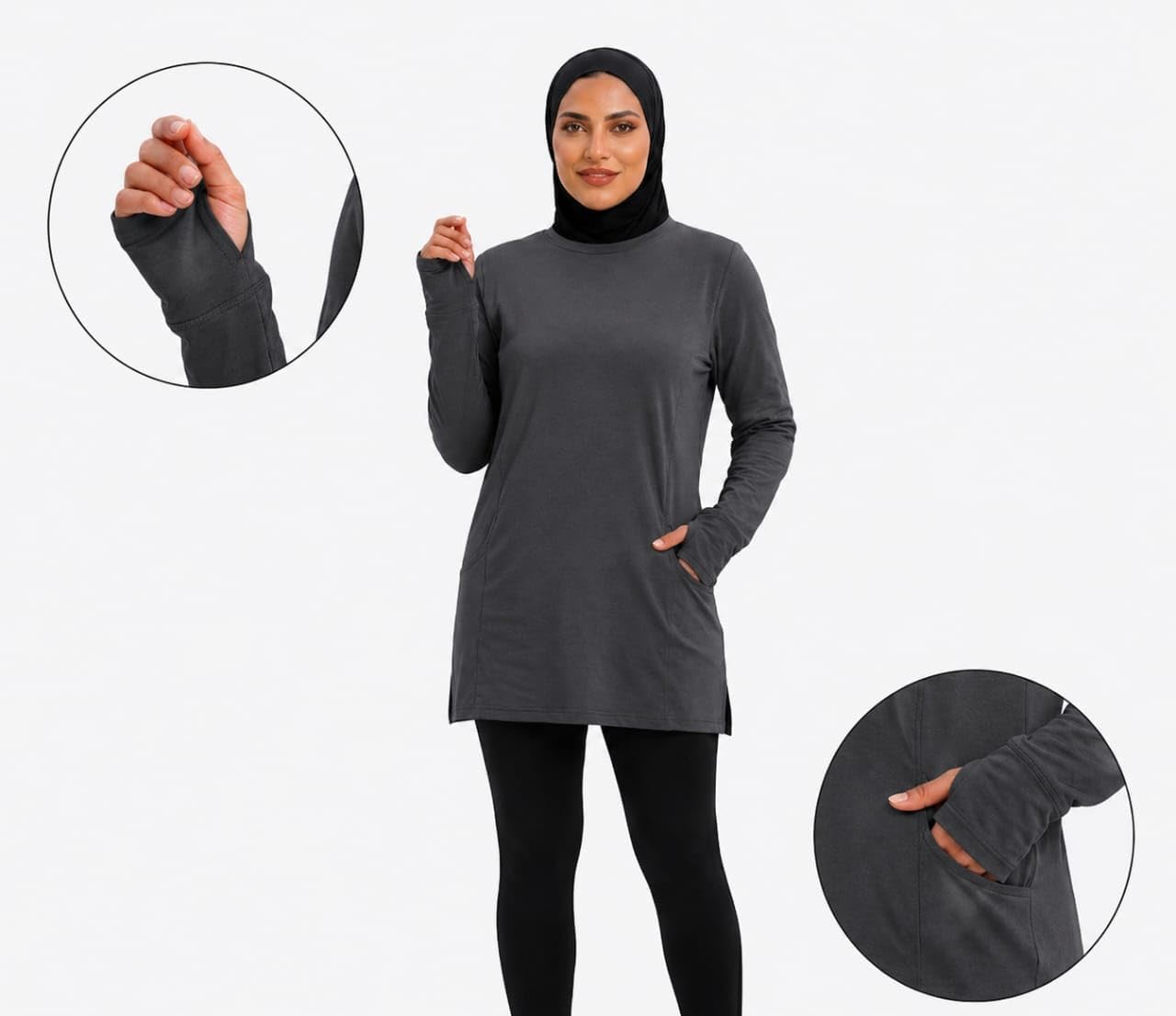 51u12w57JZL._AC_SL1500_ ميزا تيشيرت رياضي نسائي محتشم، دراي فيت، أكمام طويلة مع فتحة للإبهام، جيوب جانبية - الصورة 2