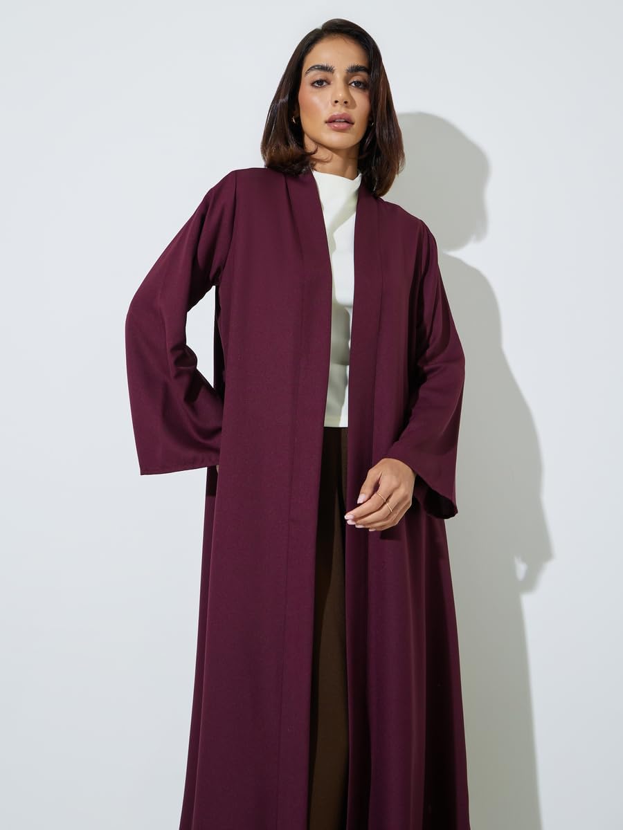 51xt9abm7eL._AC_SL1500_ Amirah Burgundy Solid Front Open Abaya,Burgundy,S - الصورة 3