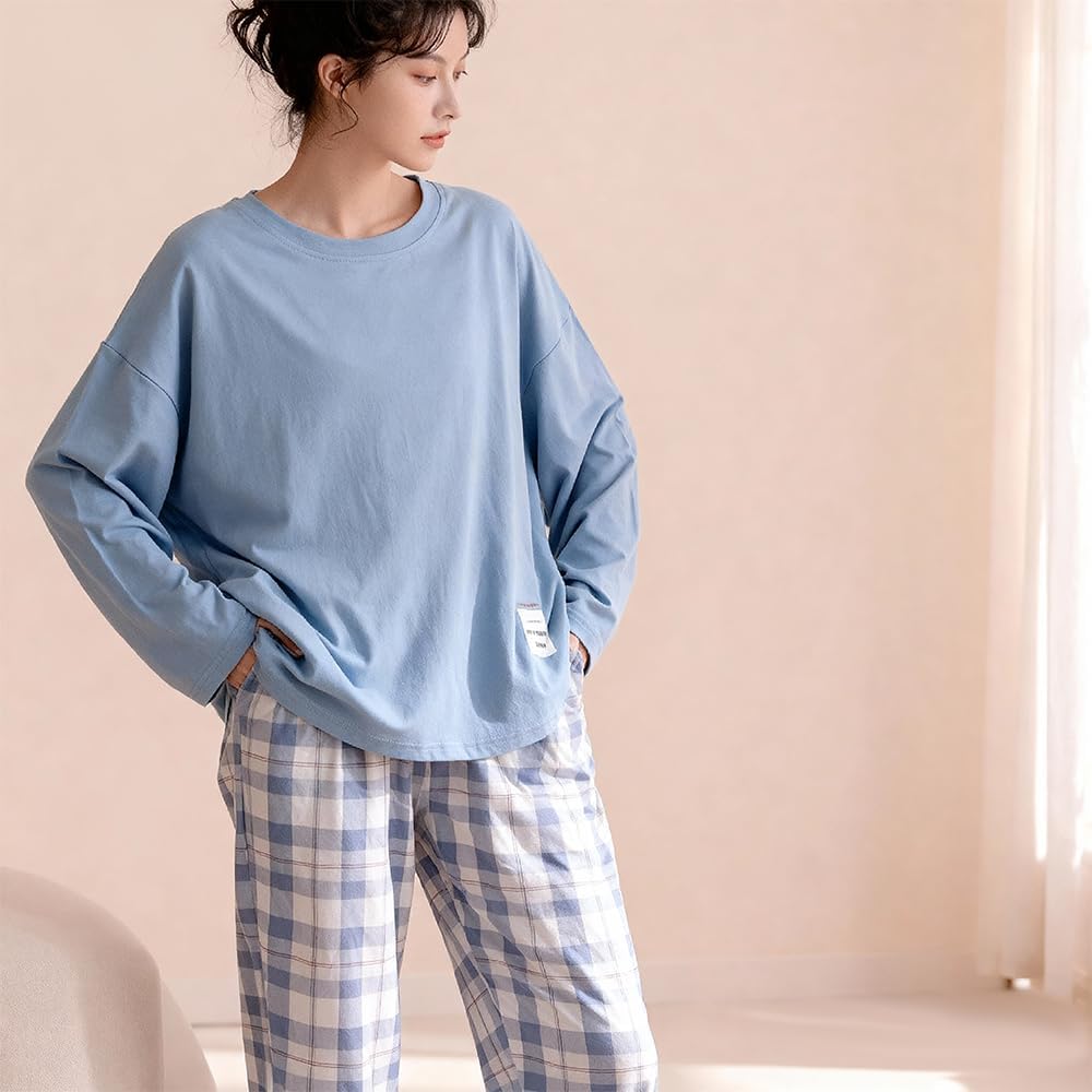 61-kondGwL._AC_SL1500_ طقم ملابس نوم بلوزة مريحة بأكمام طويلة وسروال بيجامة منقوش ناعم للنساء - الصورة 4