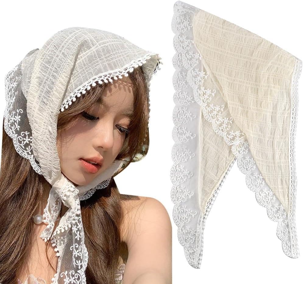 Hair Scarf - White Lace Triangular Bandana with Pink Head Tie Bohemian Style Accessory for Women Hair Care