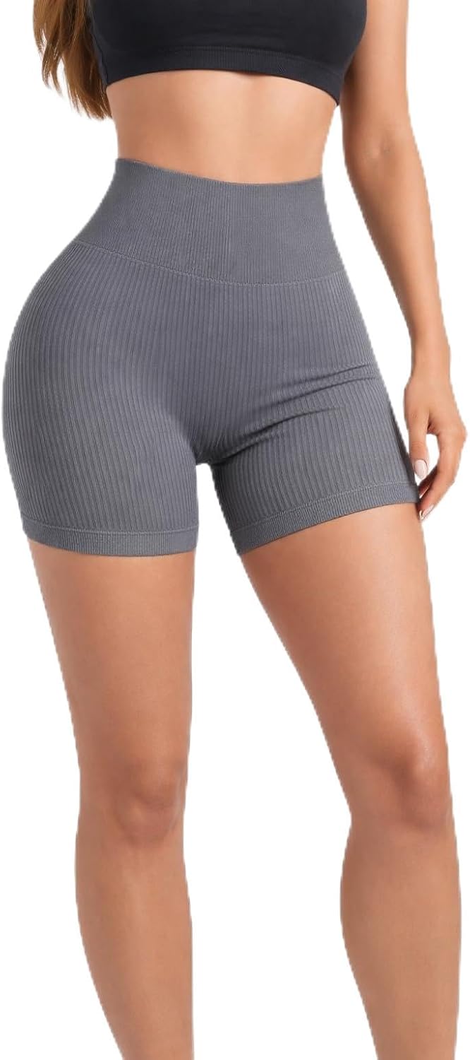 616hvTakU2L._AC_SL1500_ Ribbed High Waisted Workout Shorts for Women Textured Compression Gym Shorts Soft Cotton Blend Stretch Activewear for Daily Wear 50 to 100 kg - الصورة 3