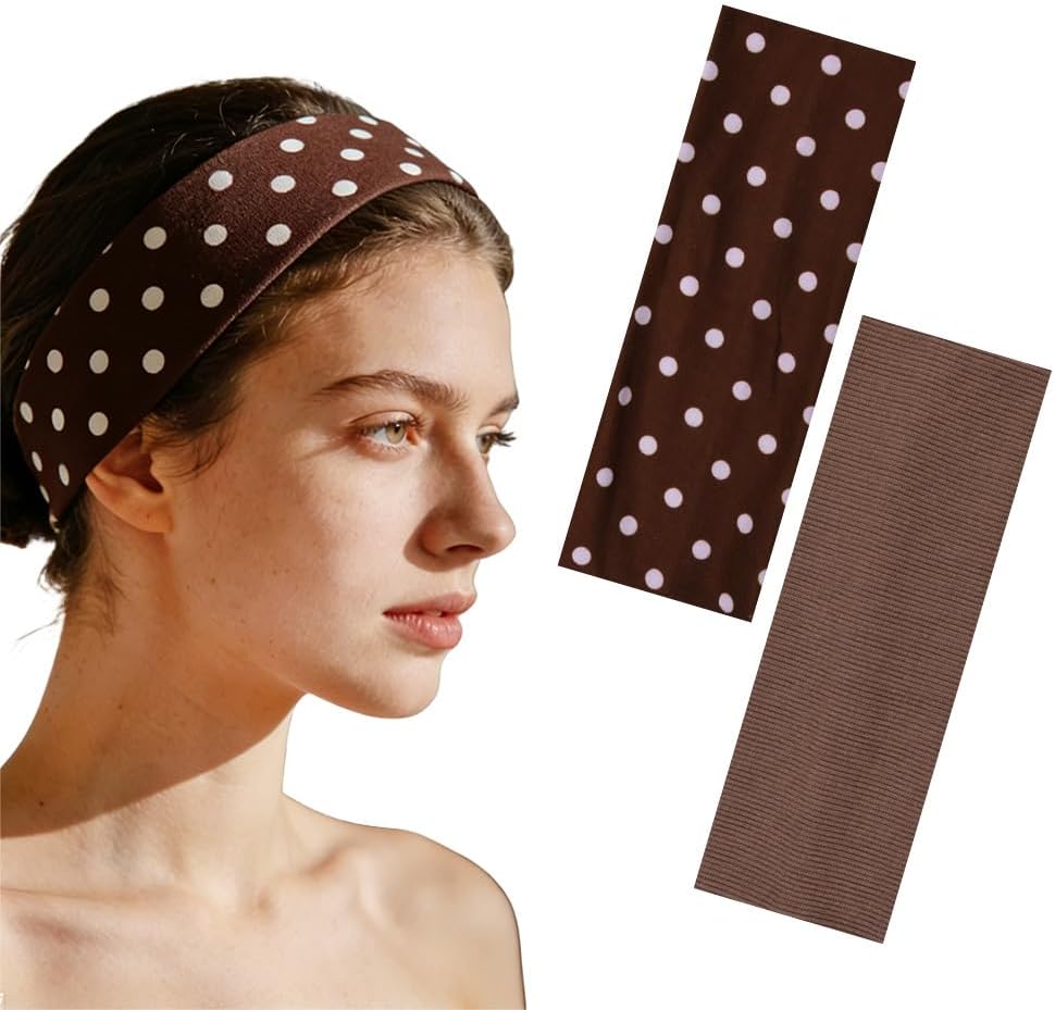 617TllqxFwL._AC_SL1500_ 2 Pcs Trendy Polka Dot Sweatband for Women Non Slip Stretchy Soft Yoga Headband for Workout Spa Elastic Headbands - الصورة 3