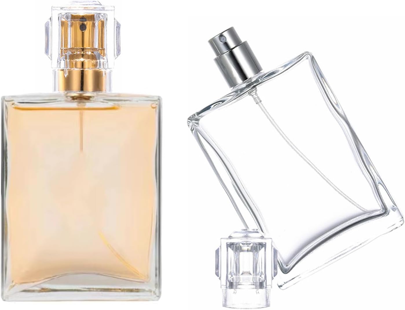 زجاجة عطر زجاجية شفافة سعة 30 مل، زجاجة بخاخ فارغة قابلة لإعادة الملء مناسبة للجنسين، موزع رذاذ ناعم محمول للسفر، قطعتان، لون ذهبي وفضي
