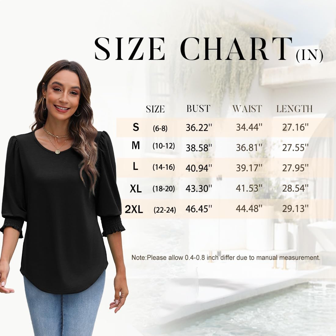 61AFW82lWZL._AC_SL1500_ بلايز للنساء أنيقة كاجوال بكم بطول 3/4 مع أساور عريضة - الصورة 2