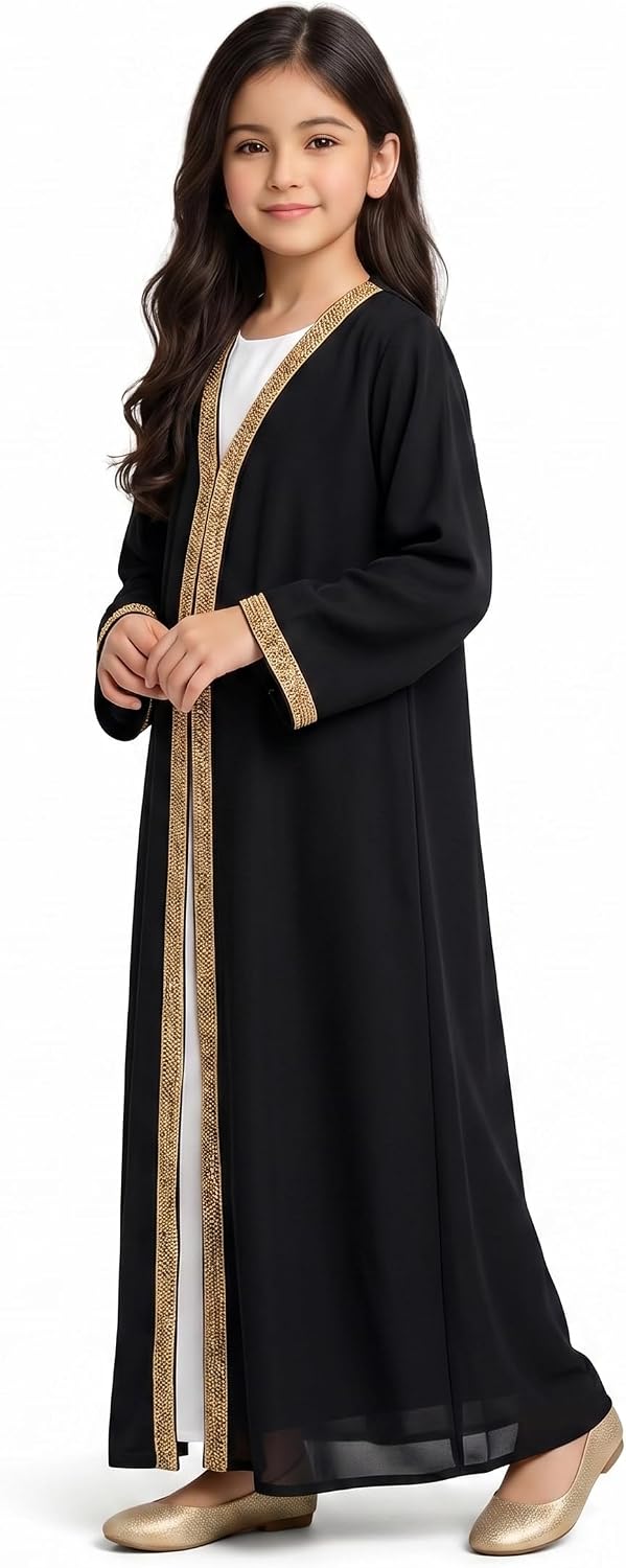 61D-mG0v6EL._AC_SL1500_ عباية سوداء للبنات، طراز مفتوح ومغلق مع وشاح للرأس، مصنوعة من قماش نيدا من رحمة، متوفرة بمقاسات لعمر من 9 أشهر حتى 18 سنة - الصورة 3