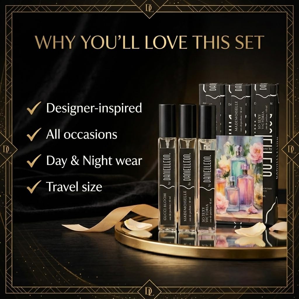 61FV0PL-l5L._AC_SL1500_ Daniel Leon Women's Perfume Package Gift Set | 3×10ml Inspired Fragrance Testers | G-Bloom, Coco Mademoiselle & So Sexy | Long-Lasting Cologne - الصورة 3