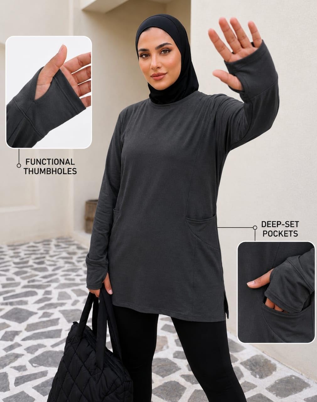 61GI60Skh5L._AC_SL1500_ ميزا تيشيرت رياضي نسائي محتشم، دراي فيت، أكمام طويلة مع فتحة للإبهام، جيوب جانبية - الصورة 4