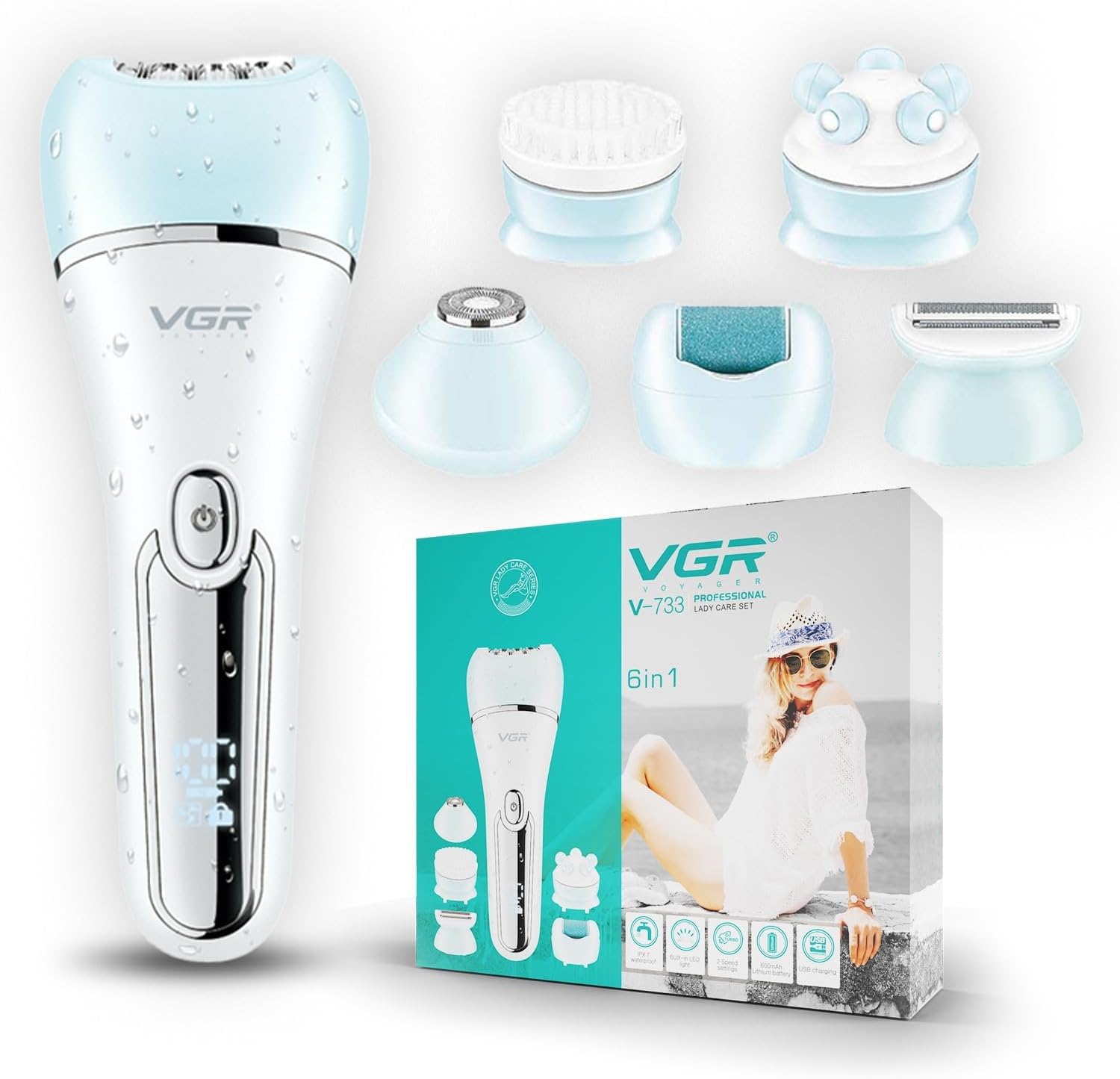 مجموعة العناية الاحترافية للسيدات V-733، جهاز إزالة الشعر للنساء للعناية بالجسم بالكامل 6 في 1 من في جي ار، شاشة LED، وقت تشغيل 90 دقيقة وبطارية ليثيوم 600mAh مع مقاومة للماء IPX 7 (أخضر)
