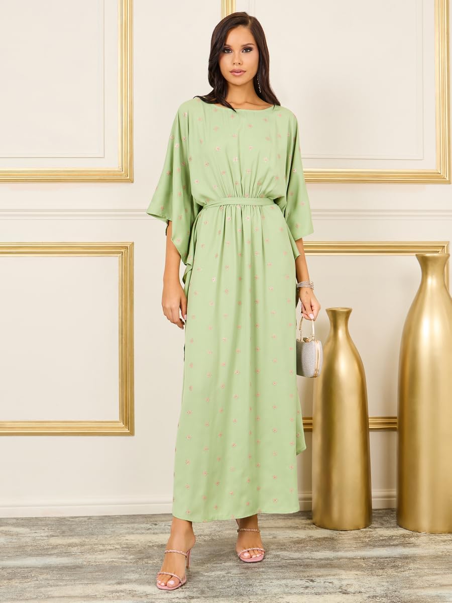 61PKqY4WyML._AC_SL1500_ عباية قفطان برباط ذاتي واكمام واسعة مطرزة للنساء من ستايلي، لون اخضر، مقاس M - الصورة 2