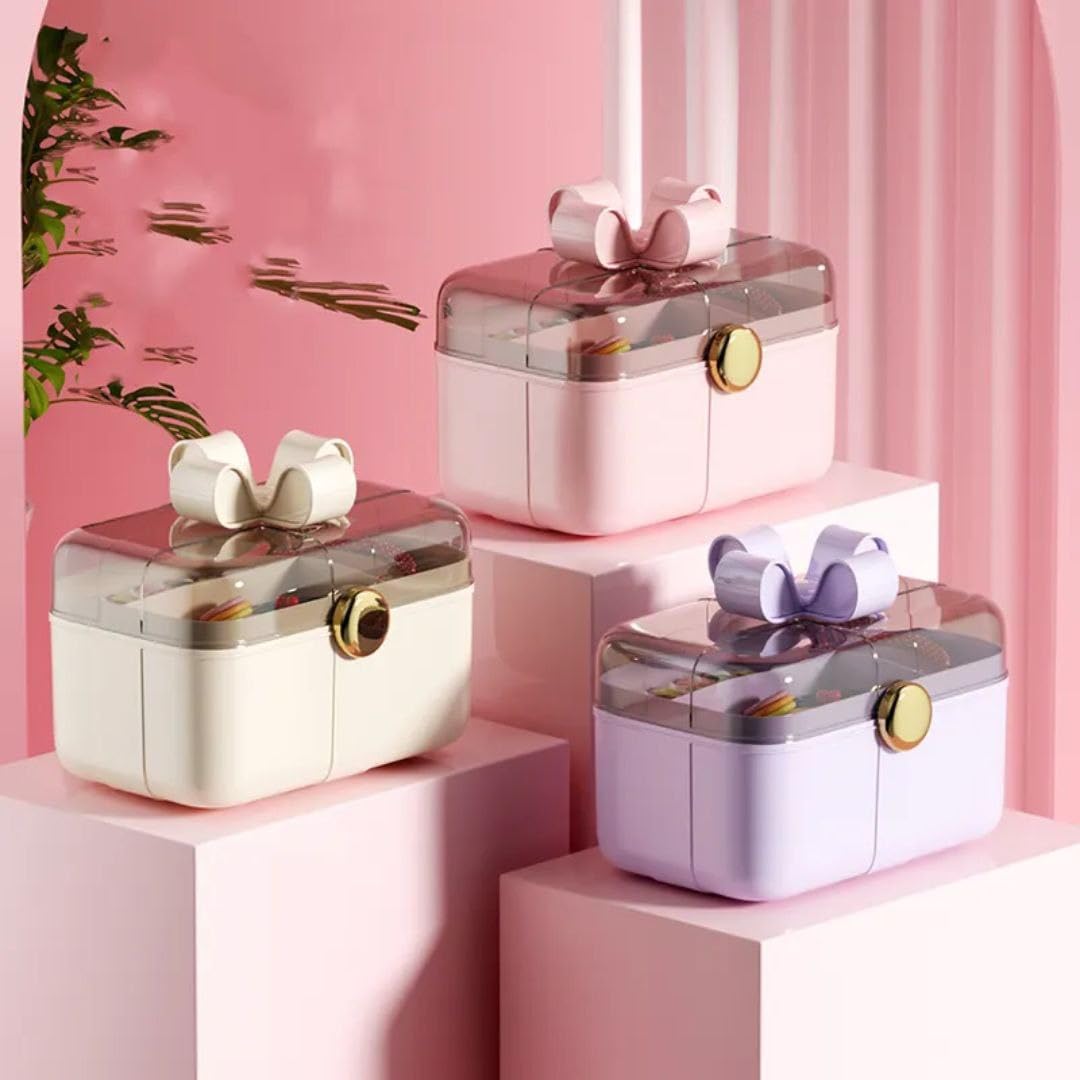61Sm6K11zaL._AC_SL1500_ صندوق منظم إكسسوارات ومجوهرات بتصميم "فيونكة"، من Next Store علبة تخزين متعددة الطبقات بغطاء شفاف، حافظة مكياج وأدوات شعر لمسة جمالية (لافندر) - الصورة 2