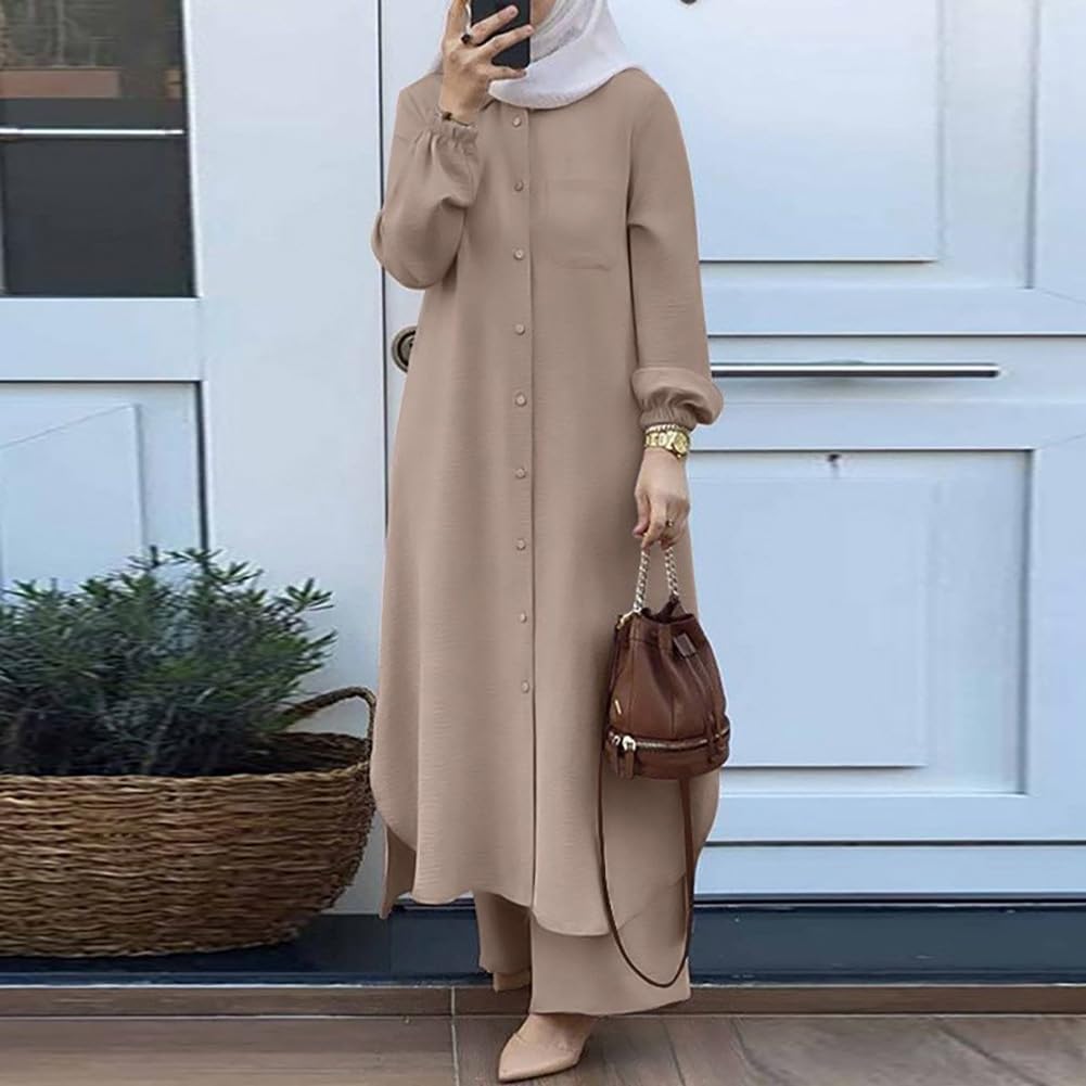 61Sp-UuEewL._AC_SL1500_ طقم ملابس إسلامية حريمي مكون من قطعتين قميص بأكمام طويلة وأزرار أمامية وسروال من اوديزلي، فستان كاجوال دبي - الصورة 2