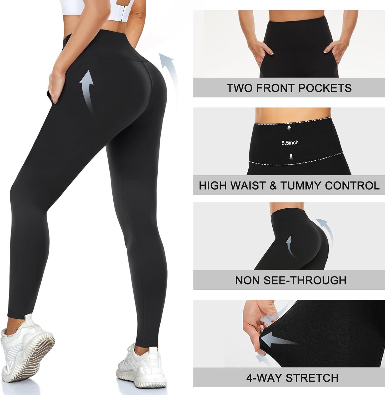 61UcxVUqqAL._AC_SL1500_ MOREFEEL Leggings with Pockets for Women, High Waisted Tummy Control Workout Hip Lift Yoga Pants Activewear - الصورة 2