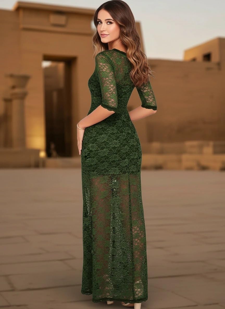 61WCil3VGQL._AC_SL1500_ فستان دانتيل طويل للنساء، لون أخضر، بأكمام نصفية وفتحة جانبية، مناسب للمناسبات الرسمية والسهرات - الصورة 2