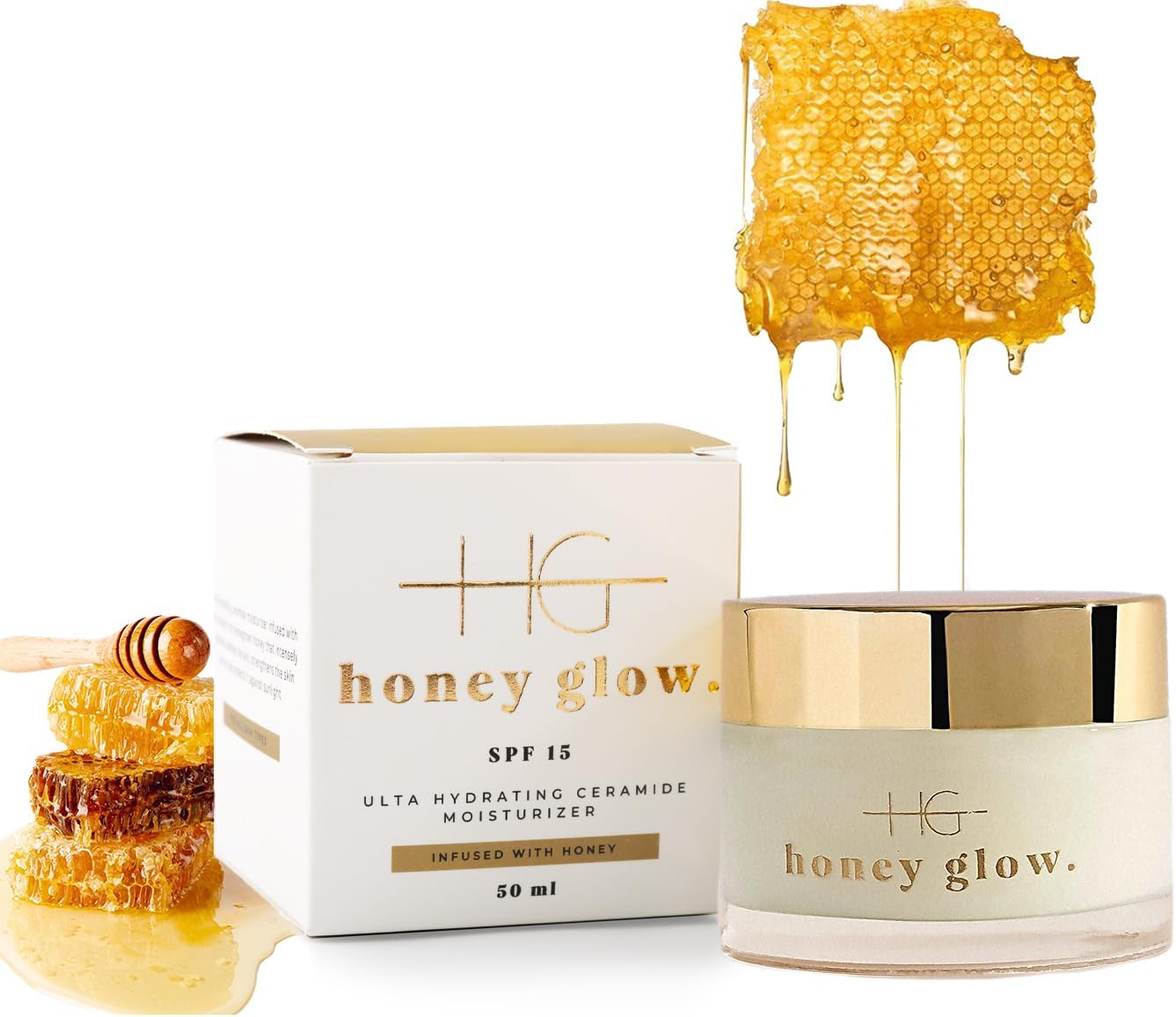 HoneyGlow Ultra-hydrating Ceramide Face Cream with Honey, Strengthens Skin Barrier and Protects Against Sunlight, SPF15, Formulated with Niacinamide, Hyaluronic Acid & Peptides (50ML)