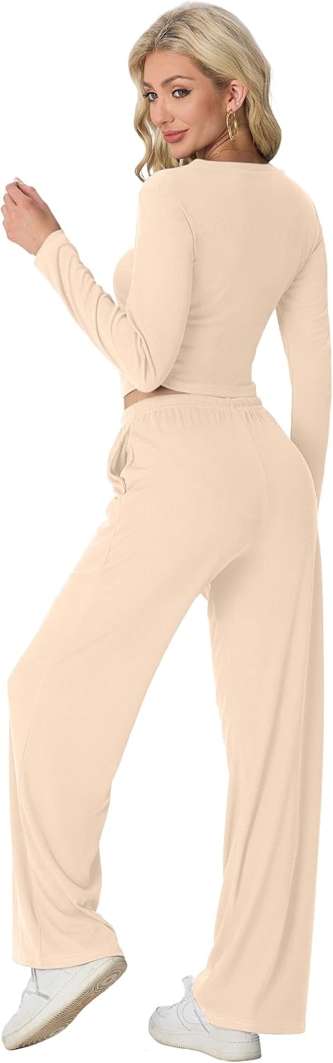 61YP3r4r8dL._AC_SL1500_ طقم ملابس رياضية للنساء مكون من قطعتين، طقم ملابس مريحة بأكمام طويلة وبلوزة مكشكشة وسروال بساق واسعة وخصر مرتفع مع جيوب من كيكسينج - الصورة 2