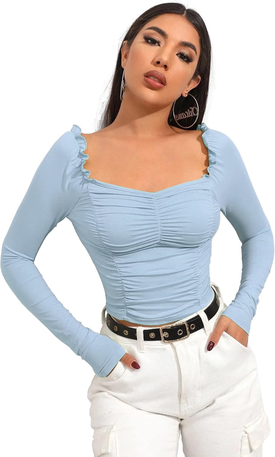بلوزة قصيرة بكشكشة وأكمام طويلة وقبة على شكل قلب للنساء والبنات من شاسمي، بلوزة قصيرة مكشكشة للنساء والبنات، أسود