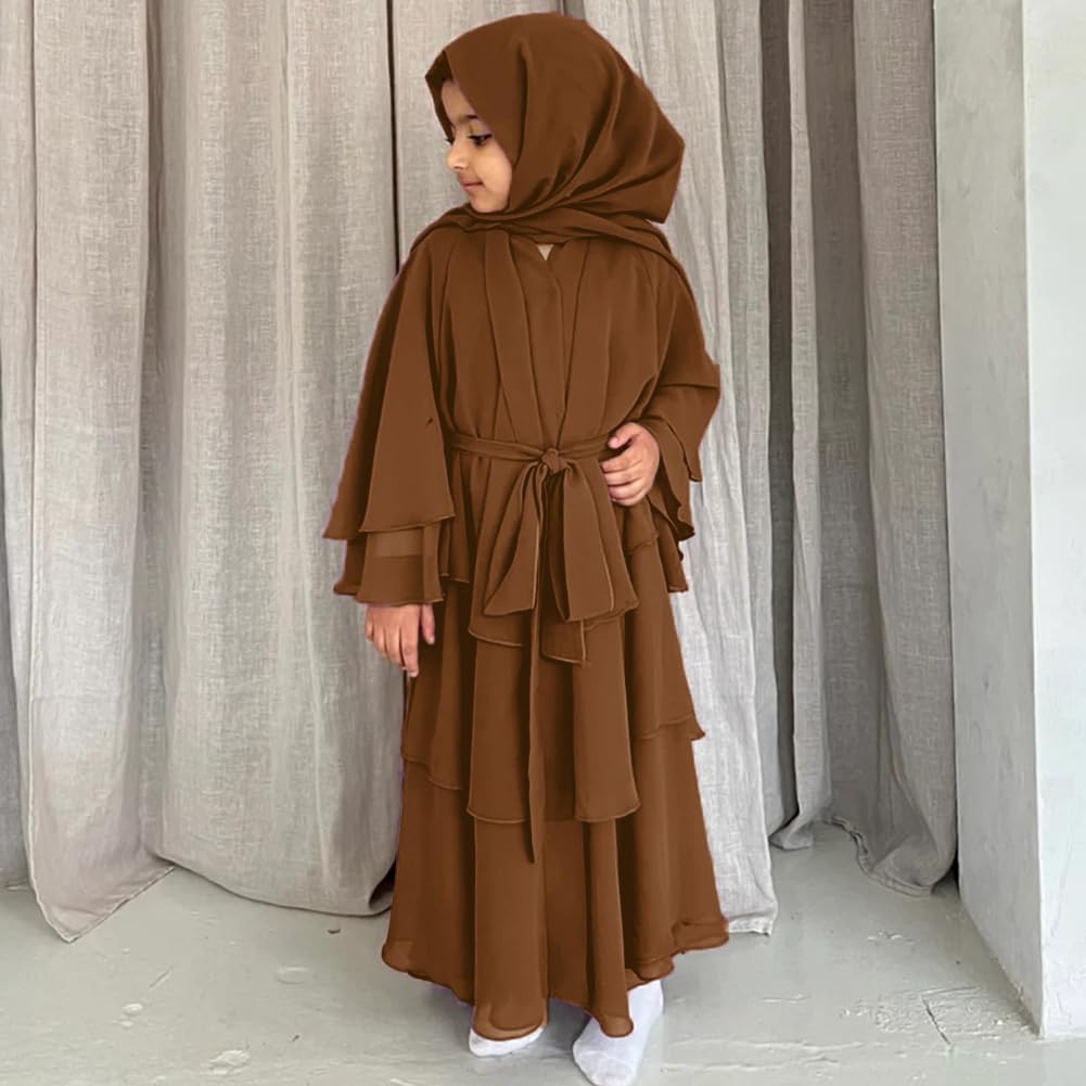 61ZeHbftdLL._AC_SL1500_ عباية إسلامية للبنات الصغيرات، قفطان شيفون بأكمام طويلة، قفطان إسلامي مفتوح من الأمام، إسدال صلاة للبنات، لعمر 11 - 12 سنة، لون بني (مقاس 130) - الصورة 2