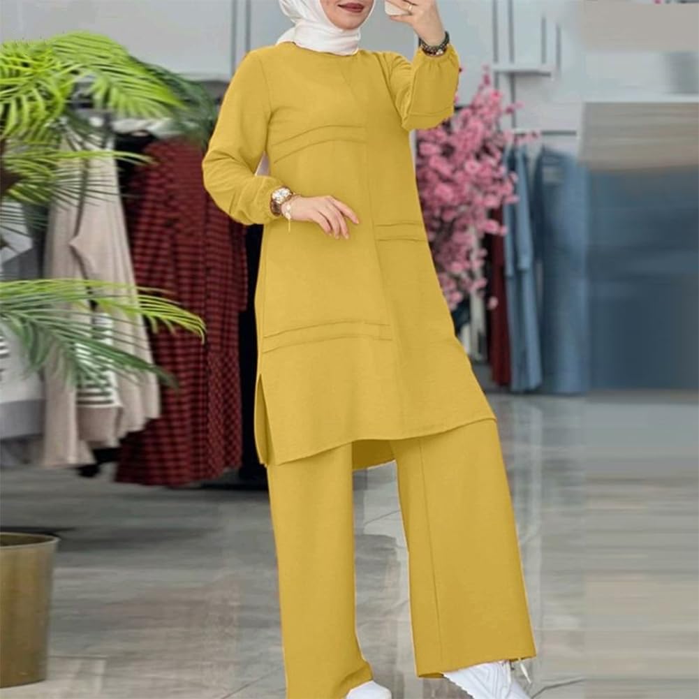 61aIlcJNKYL._AC_SL1500_ فستان عباءة للنساء المسلمات، طقم مكون من بلوزة بأكمام طويلة فضفاضة وسروال، تصميم مستوحى من الثقافة الإسلامية في دبي للنساء المسلمات بتنسيق متطابق، طقم من 2 قطعة - الصورة 2
