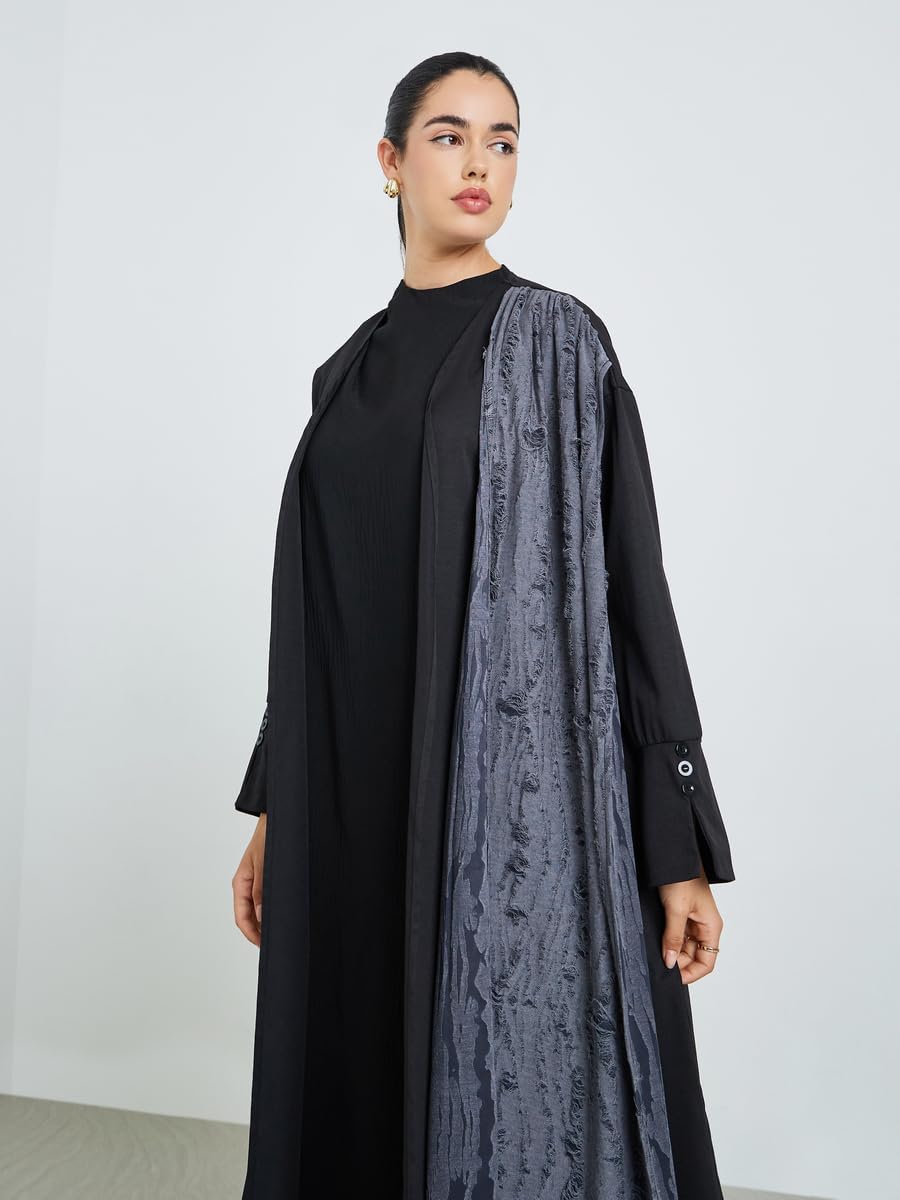 61al0DclZeL._AC_SL1500_ Amirah Women Black Abaya with Textured Printed Scarf,Black,S - الصورة 3