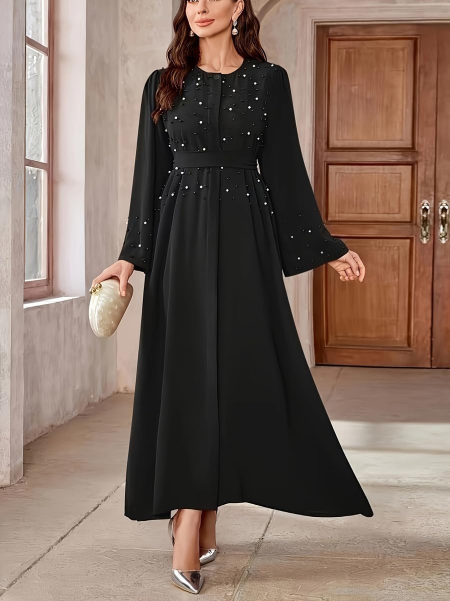 61bLiv3-gPL._AC_SL1500_ Take Two Black Faux Pearl Embellished A-Line Abaya - S - Black - الصورة 3