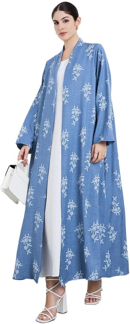 Amirah Women Blue Floral Print Open Front Abaya,Blue,S