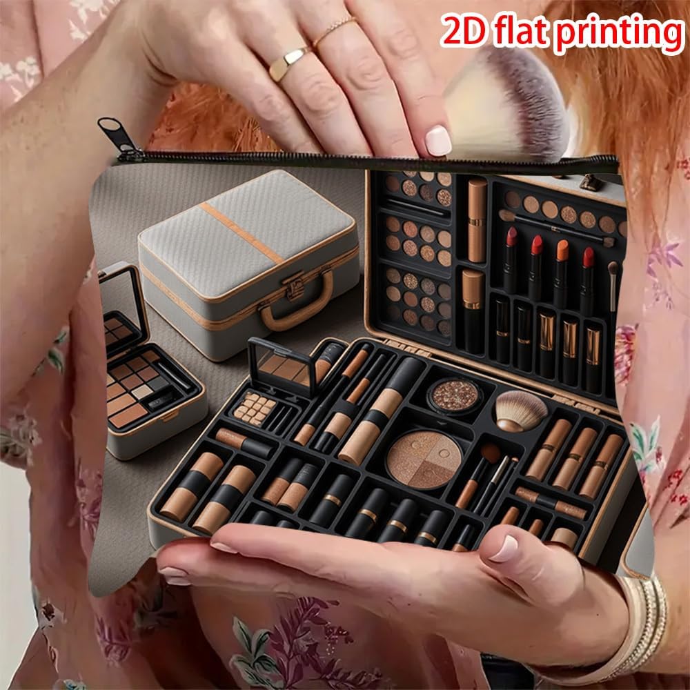 61egApLikxL._AC_SL1500_ شنطة مكياج مستطيلة - طباعة مسطحة ثنائية الابعاد بلون رمادي فاتح مع نمط مستحضرات تجميل (ظلال العيون، احمر الشفاه، الفرش)، اغلاق بسحاب، شنطة ادوات تجميل محمولة للسفر للنساء والفتيات - الصورة 4