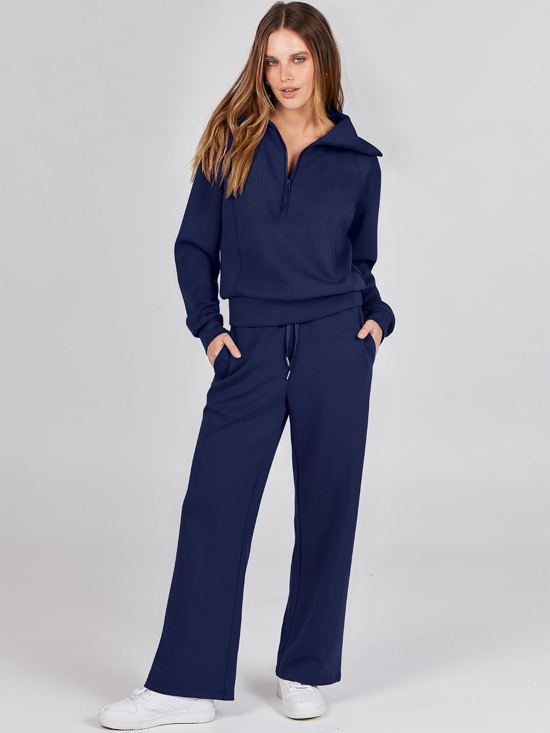 61emNj-l1NL._AC_SL1500_ ANRABESS Women’s 2 Piece Outfits Half Zip Sweatshirt & Wide Leg Pants Airport Travel Lounge Matching Sets Sweatsuits Clothing - الصورة 2