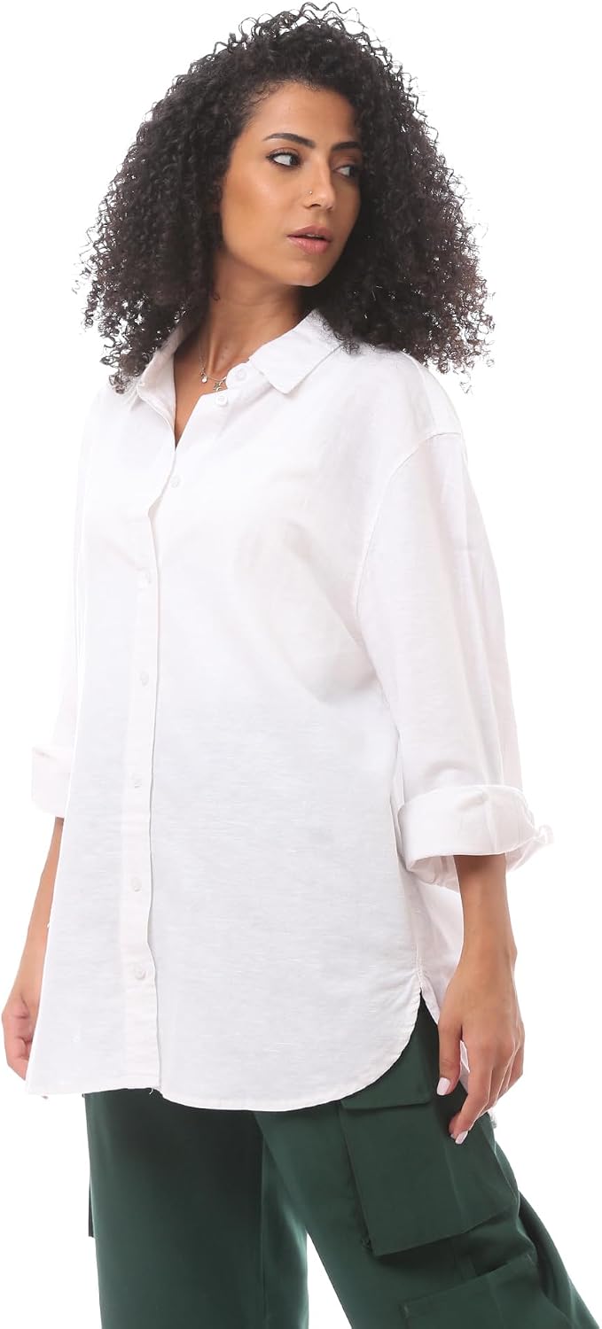 61f9Vzm0R-L._AC_SL1500_ بلوزة أساسية سادة من الكتان بأكمام طويلة وأزرار للنساء من اندورا، عبوة من قطعة واحدة - الصورة 4