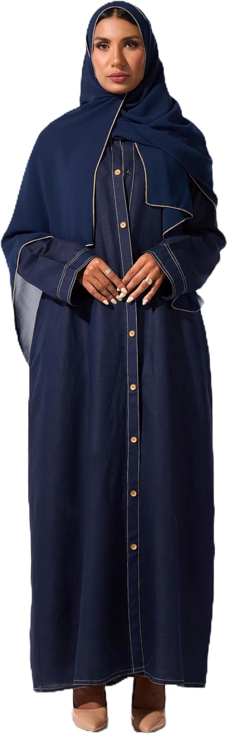 عباية جينز كحلي مع تفاصيل اساور وازرار واكمام طويلة من لونيا