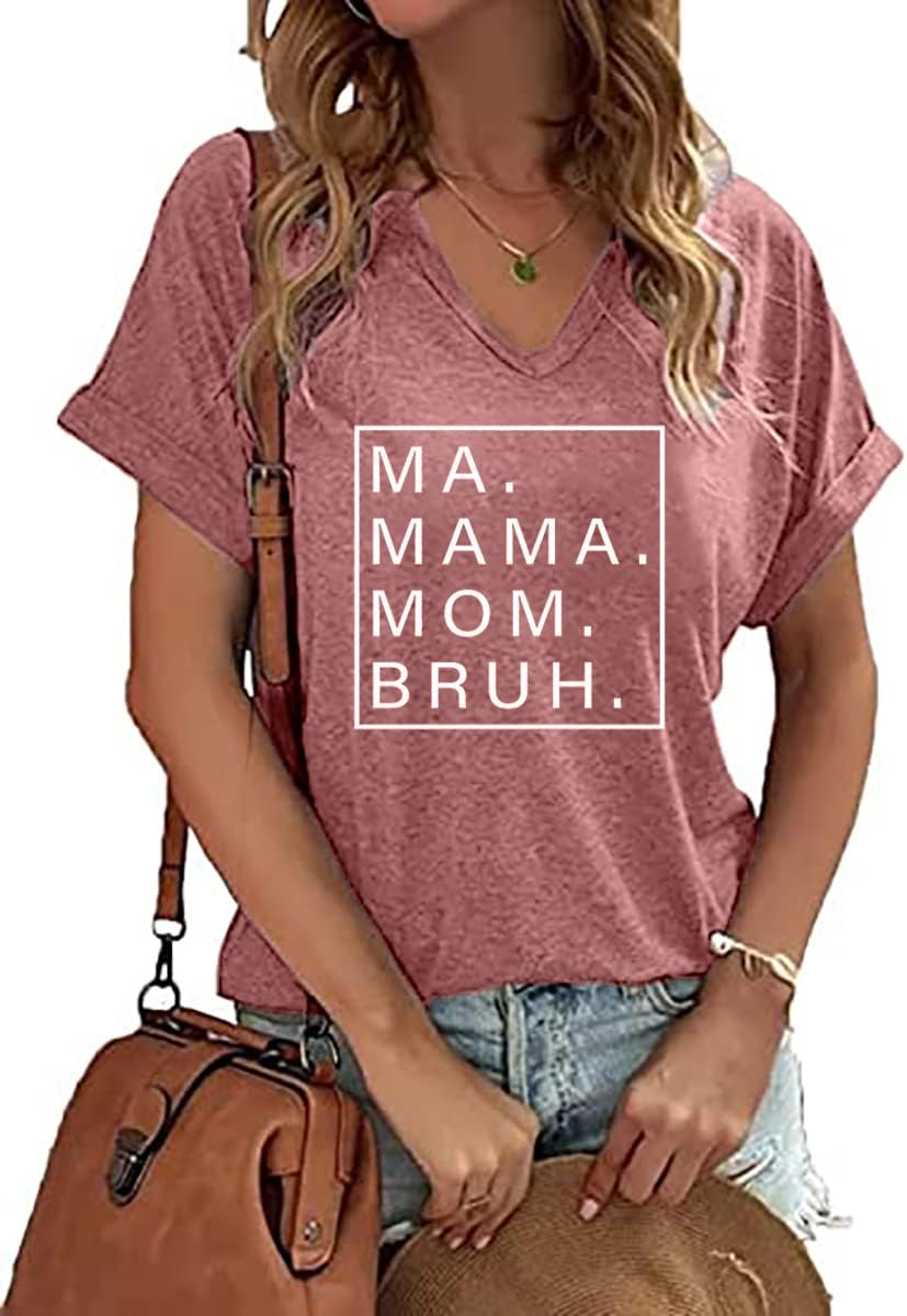 61ieYeMEVhL._AC_SL1500_ تي شيرت Mama Mommy Mom Bruh للنساء كاجوال برقبة على شكل حرف V وأكمام قصيرة تي شيرت مضحك للأم تي شيرت الحياة - الصورة 2