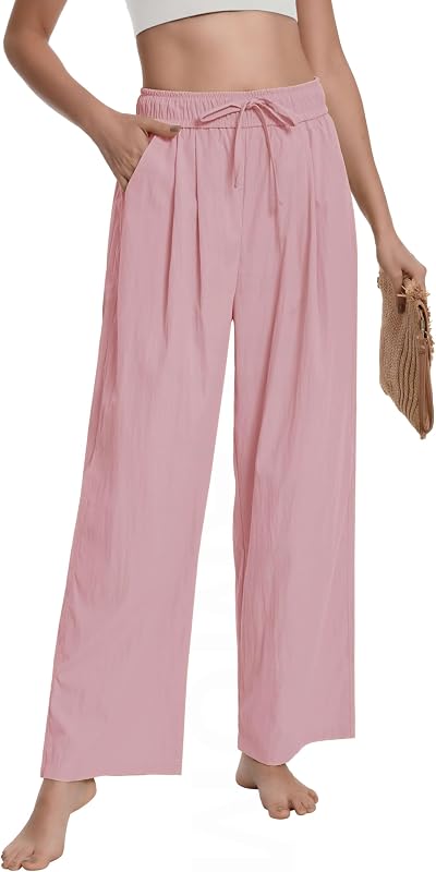 YLDUJ AMUM Womens Lounge Palazzo Pants Summer Casual Wide Leg Pants Flowy Loose Thin Trousers with Pockets