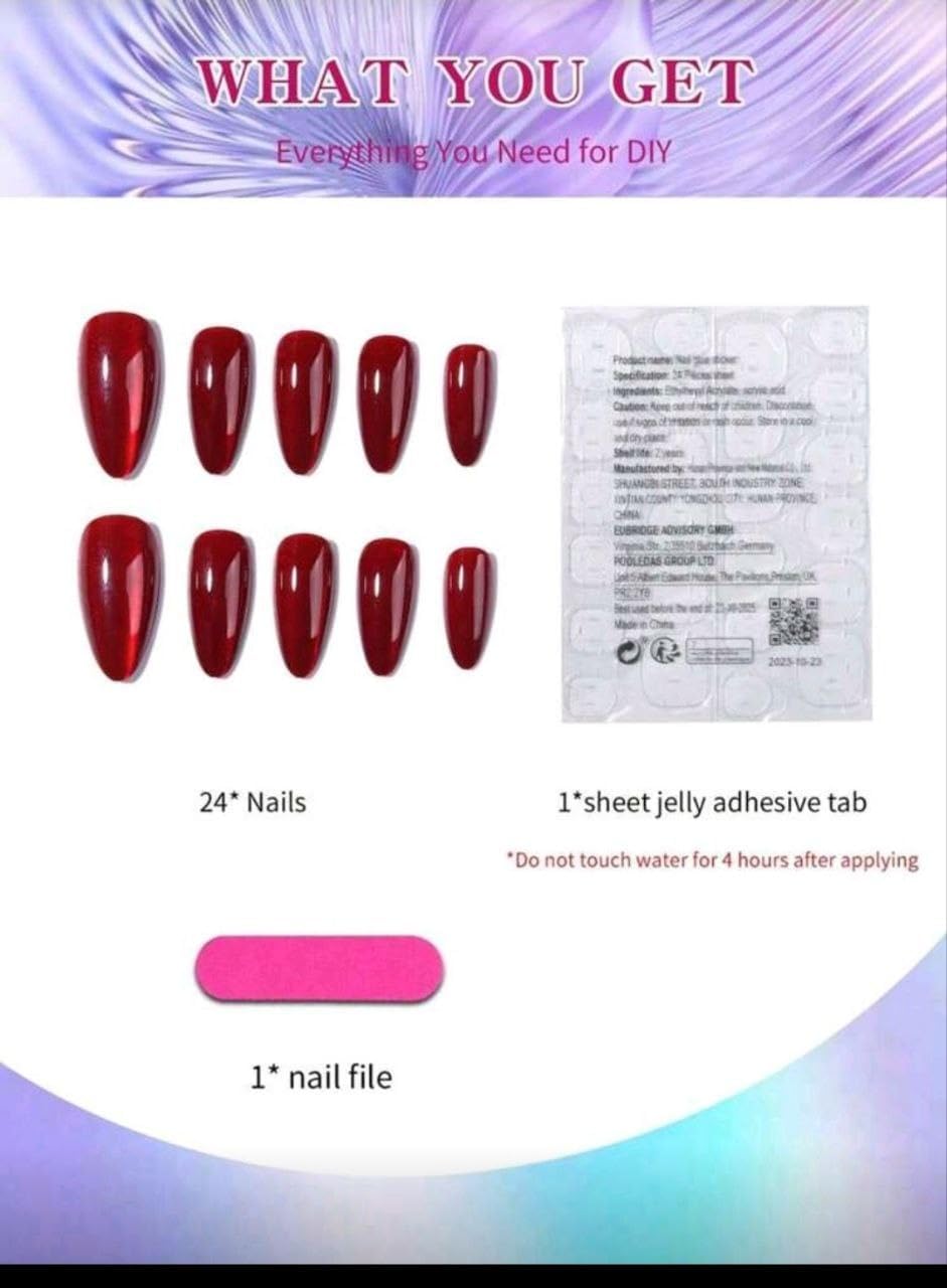 61nBzP0Ch-L._AC_SL1500_ أظافر تركيب عن طريق الضغط على الأظافر، طويلة كريستالية على شكل عين القط، لون أحمر (Almond Red)، 24 قطعة - الصورة 3