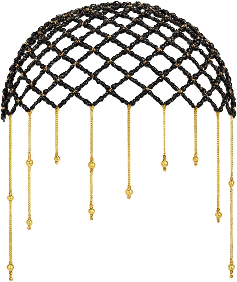 سلسلة راس مطرزة بالخرز، تصميم شبكي اسود وذهبي مع خرز متدلي، اكسسوار مجوهرات شعر بوهيمي للمهرجانات