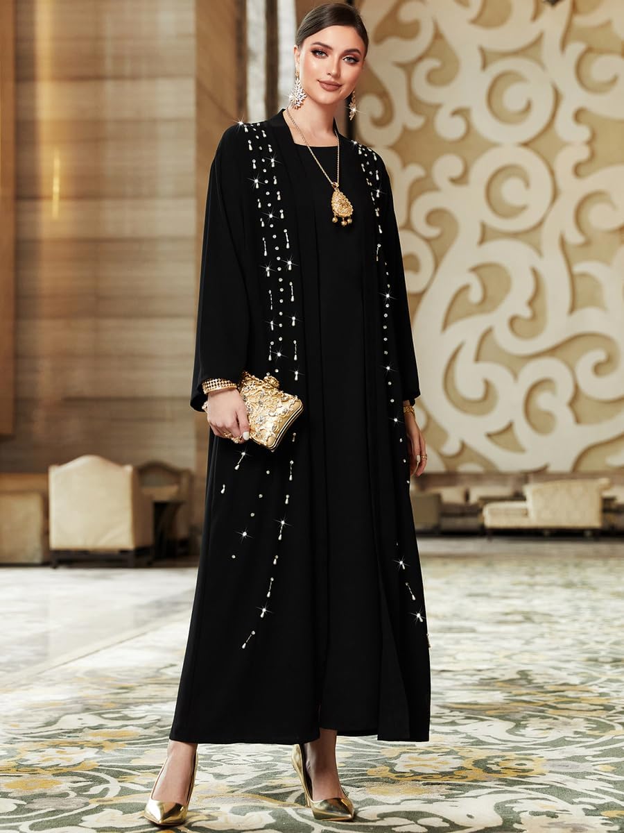61osi2NyzeL._AC_SL1500_ عباية للنساء باكمام طويلة مزينة باحجار الراين بلون اسود، مقاس S - الصورة 2