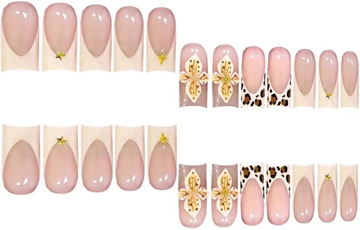61qyp4s3hjL._AC_SL1500_ Ceboic 24 Pcs Square Fake Nails, Medium Length White French Press on Nails, Pink Nude Acrylic Fake Nails, Leopard Print Flowers Natural Stars Press on Nails for Women Girls - الصورة 3