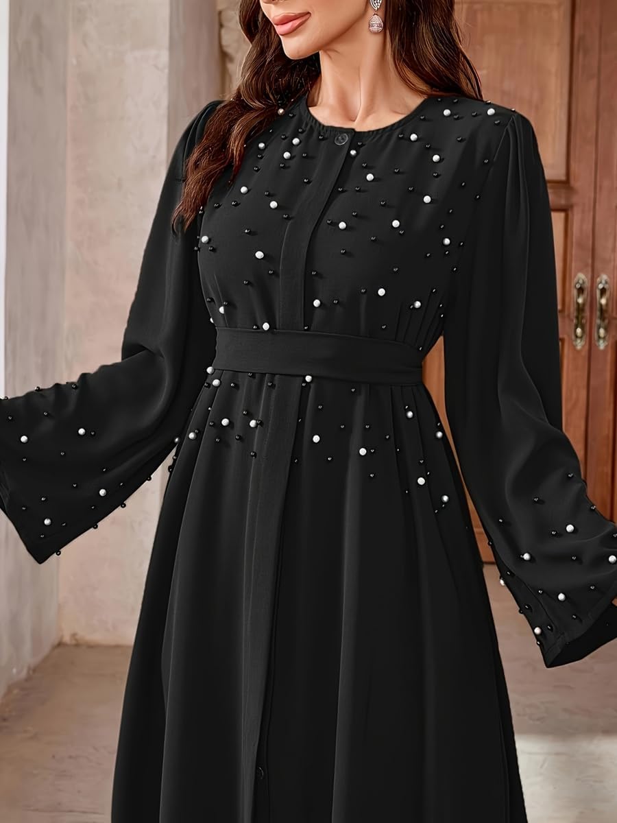 61tXhMqNKaL._AC_SL1500_ Take Two Black Faux Pearl Embellished A-Line Abaya - S - Black - الصورة 2