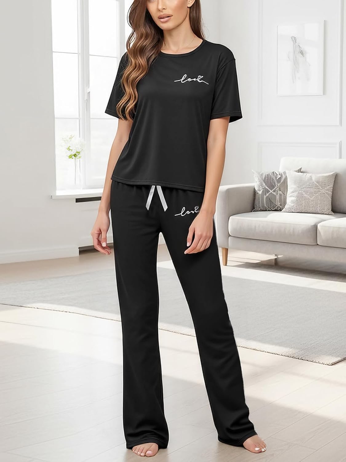 Women's Pajama Set, Graphic Print Short Sleeve Top, Wide Leg Pants, Soft Stretch Loungewear Outfit for Home and Outdoor