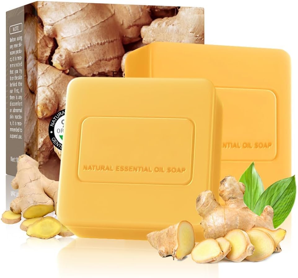 صابون الكركم النباتي المصنوع يدويًا للوجه والجسم مع زيوت عطرية لرطوبة غنية وتنظيف لطيف، معطر بالزنجبيل بعبوة من قطعتين وعناية طبيعية للبشرة للرجال والنساء