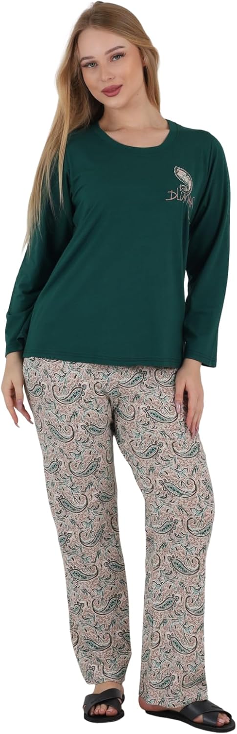 بيجامة قطن للنساء مقاس من ميديوم إلى 3 اكس لارج (M – 3XL)، بلوزة مطرزة بأكمام طويلة وبنطلون بطبعة بيزلي، ملابس منزلية ناعمة ومزودة بمسامات للتهوية، صنعت في مصر من زدكوتكس