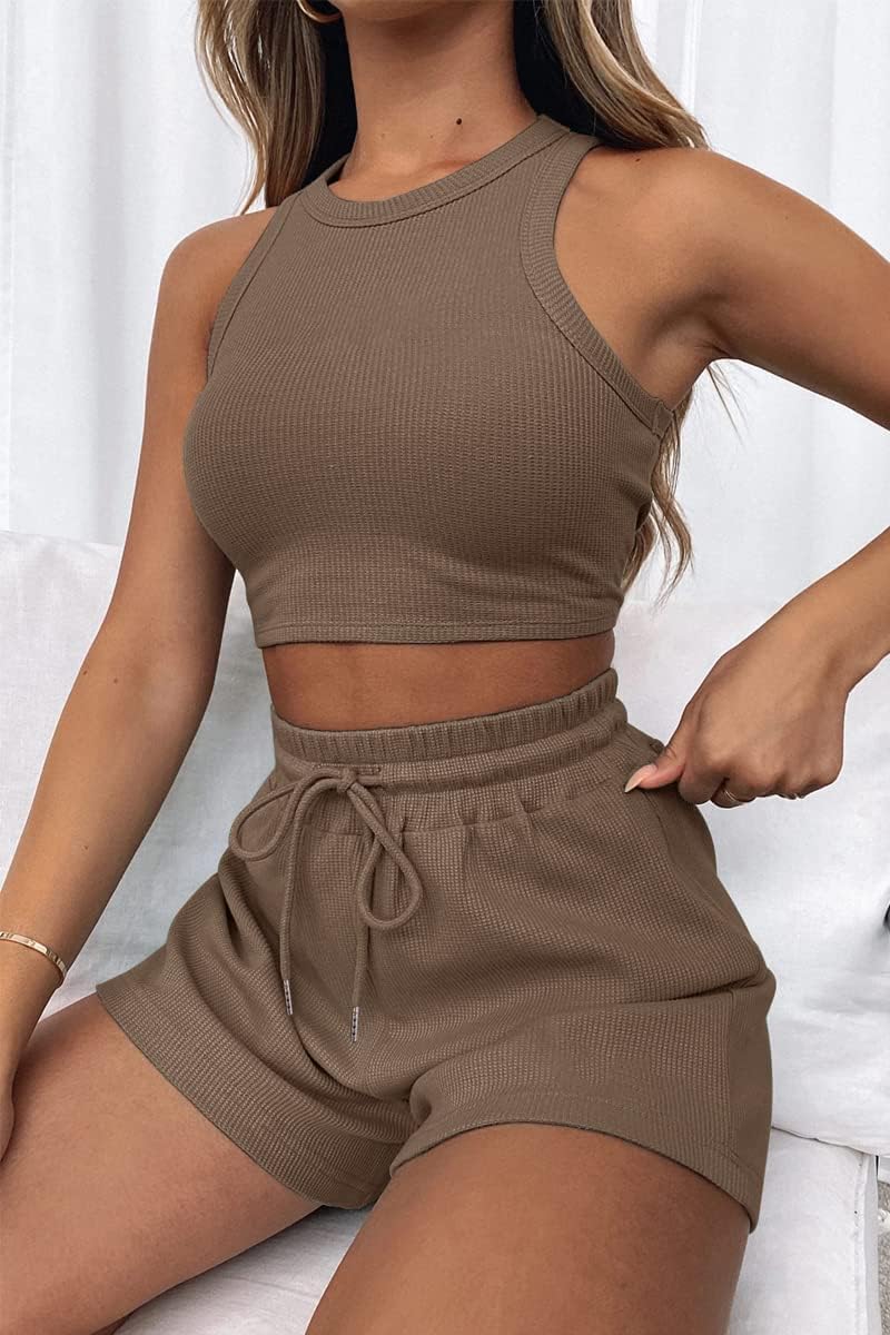61vncLEdYnL._AC_SL1500_ طقم شورت للنساء مكون من قطعتين مناسب كملابس صيفية للتمارين الرياضية والشاطئ والعطلات العصرية من اوتوميت، 2 قطعة - الصورة 2