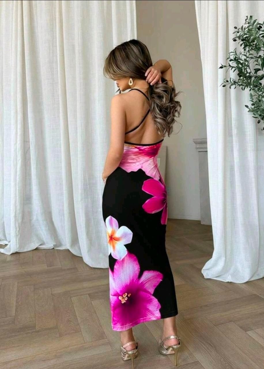 61wLwNoqC-L._AC_SL1500_ فستان طويل ضيق للنساء من شي ان، مناسب للعطلات الصيفية والشاطئ، مع حزام بحمالات رفيعة بدون ظهر مزين بالزهور - الصورة 3