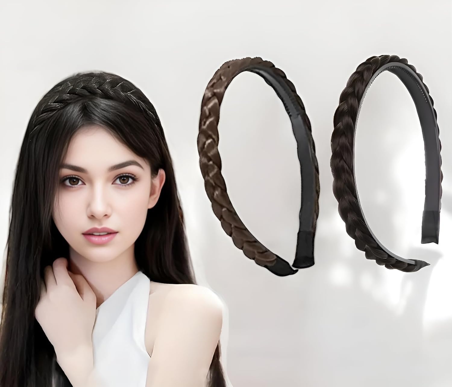 عصابة رأس صناعية مضفرة مع أسنان من باكتيف، اكسسوارات عصابة رأس للنساء والفتيات، اكسسوارات وصلات الشعر المستعار للنساء والفتيات، اكسسوارات شعر حلقية للشعر (أسود، بني)