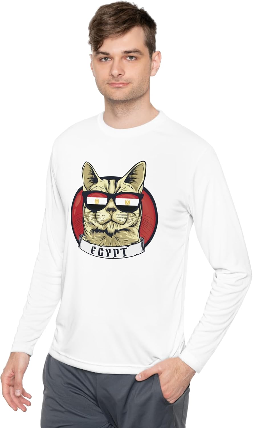 61ygvgvfycL._AC_SL1500_ Cute Egypt Cat With Glasses Flag Long Sleeve Unisex T-Shirt تيشرت ابيض مطبوع بكم للرجال والنساء - الصورة 2