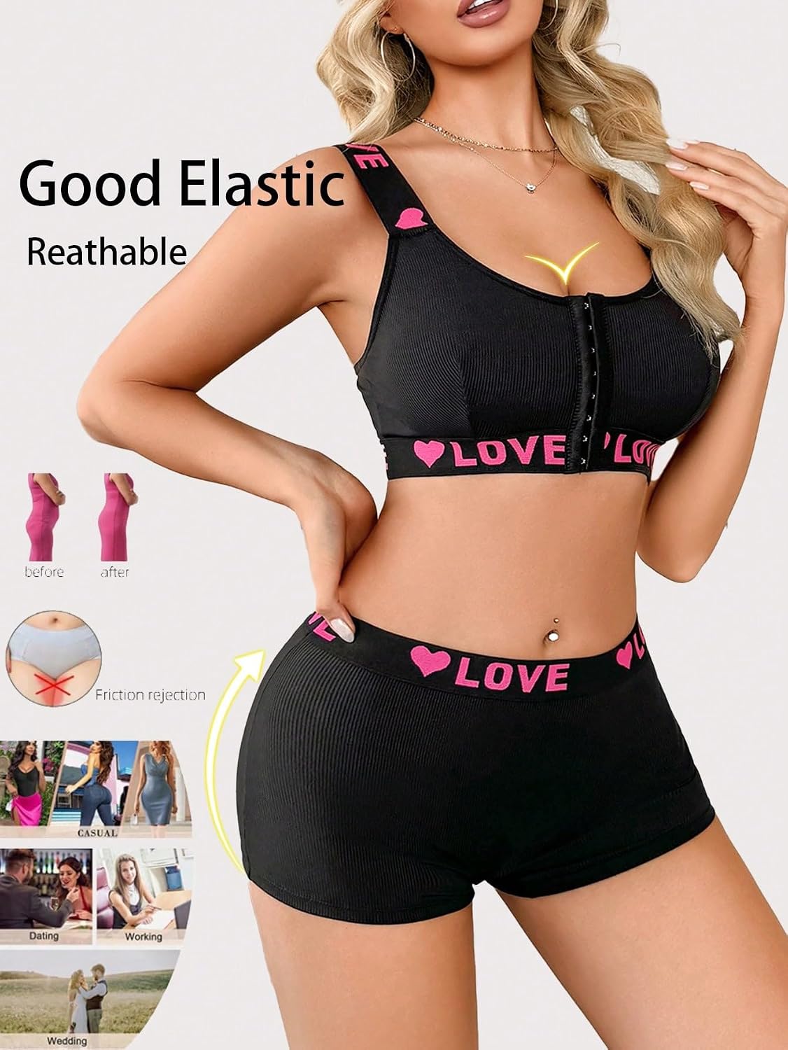 71-yY4ooEnL._AC_SL1500_ طقم ملابس داخلية رياضية للنساء مزود بحمالة صدر بسحّاب أمامي وطبعة LOVE، مع شورت متناسق، مصنوع من خامة ناعمة ومرنة توفر الراحة، مناسب للأنشطة الرياضية والارتداء اليومي - الصورة 2