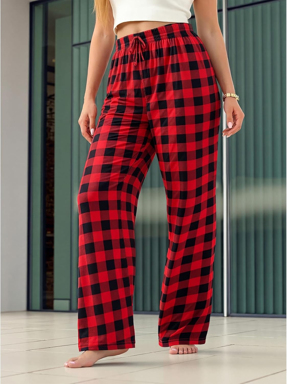 Women's Plaid Pants, Cozy Lounge Pants with Drawstring, Soft Wide Leg Bottoms, Lounge Wear for Daily