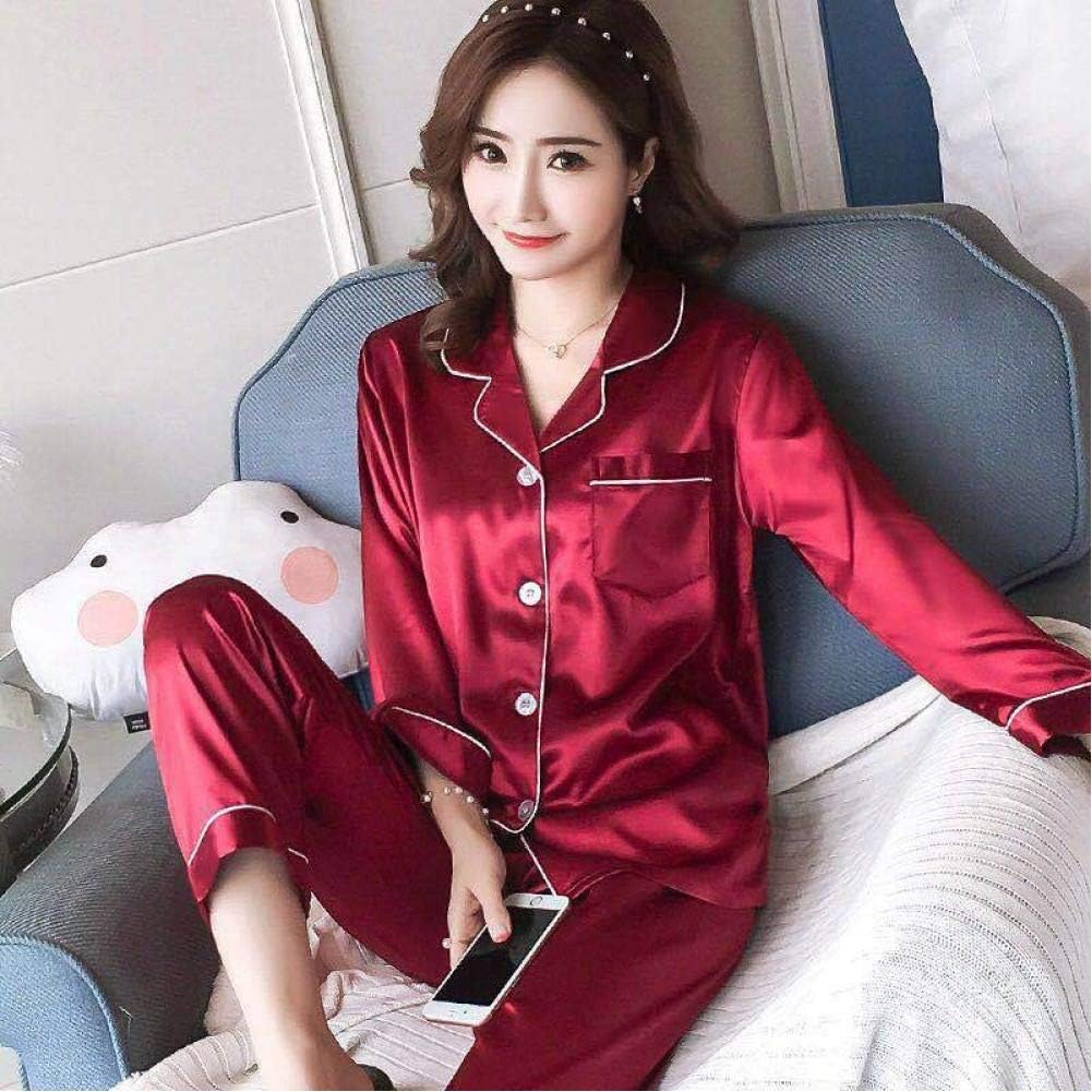 طقم بيجامة نسائي بيجاما من الحرير والساتان وياقة مقلوبة ملابس نوم للسيدات بأكمام طويلة ملابس نوم للربيع طقم مكون من قطعتين ملابس منزلية