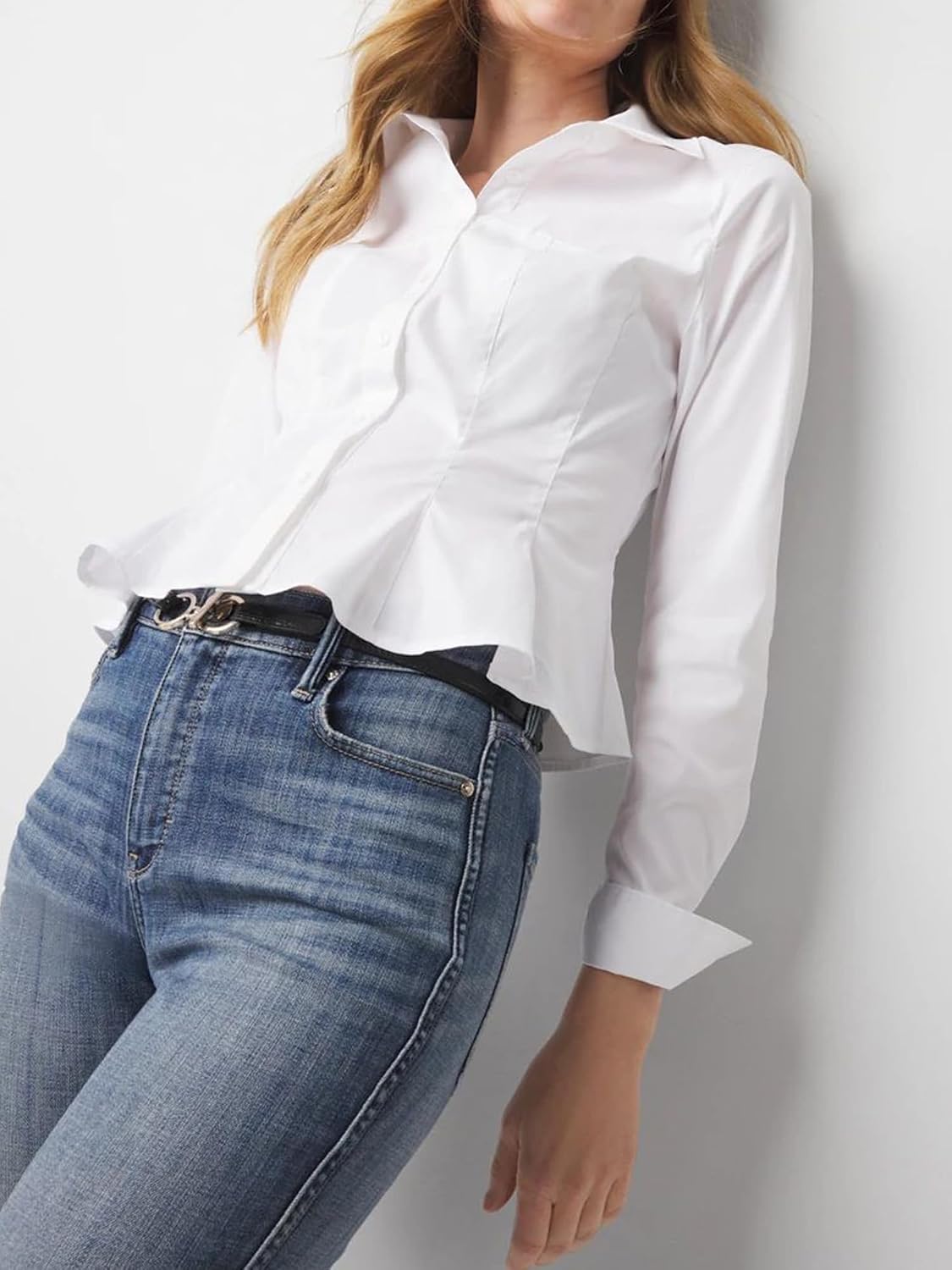 714gEwl3ywL._AC_SL1500_ SUNNOW Women's Cinched Waist Long Sleeve Poplin Shirt Corset Seam Detail Blouse with Peplum Hem & Button Cuffs for Office - الصورة 2