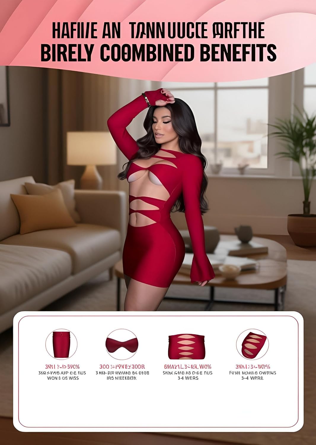 715-UVHxLbL._AC_SL1500_ فستان أنيق - فستان حفلات قصير بأكمام طويلة مع فتحات جريئة عند الخصر والصدر، قصة ضيقة قابلة للتمدد تناسب جميع أشكال الجسم، مقاس واحد مناسب لوزن 55 كجم إلى 85 كجم - الصورة 3